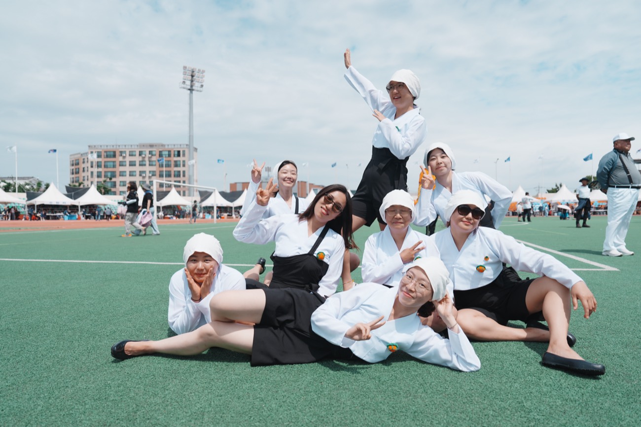 In traditional haenyeo dress at the sea women's gathering